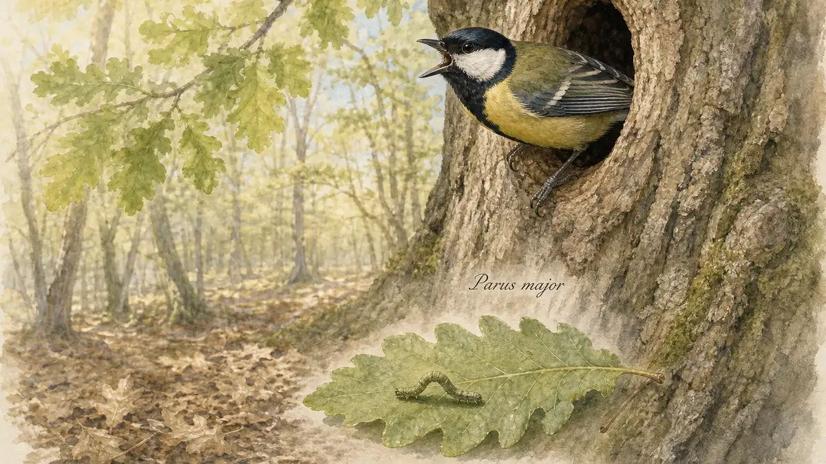 Watercolour study in Archibald Thorburn style of a great tit at an oak nest hole with an empty leaf-litter floor and a single late winter moth caterpillar — illustrating the phenological mismatch between caterpillar emergence and great tit breeding now widely detected in UK woodlands.
