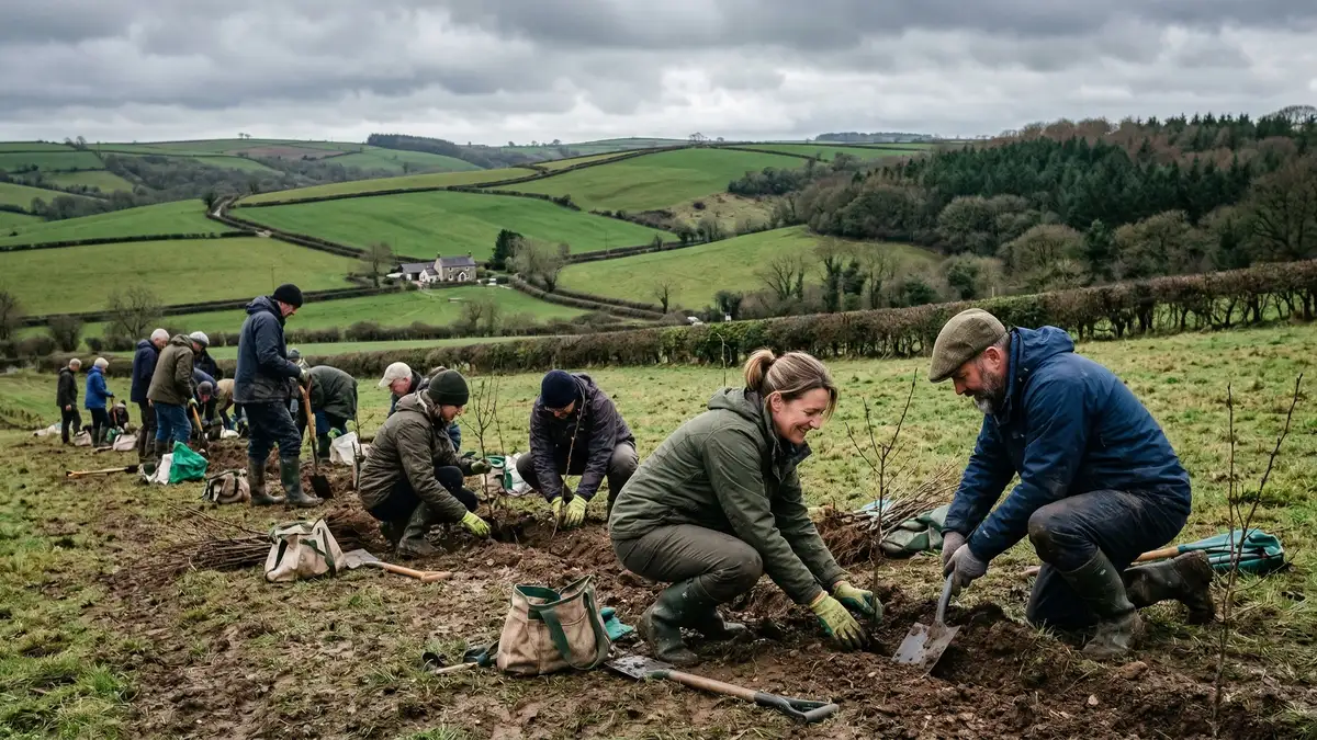 Volunteers planting native hedgerow saplings in the English countryside during a community conservation work day