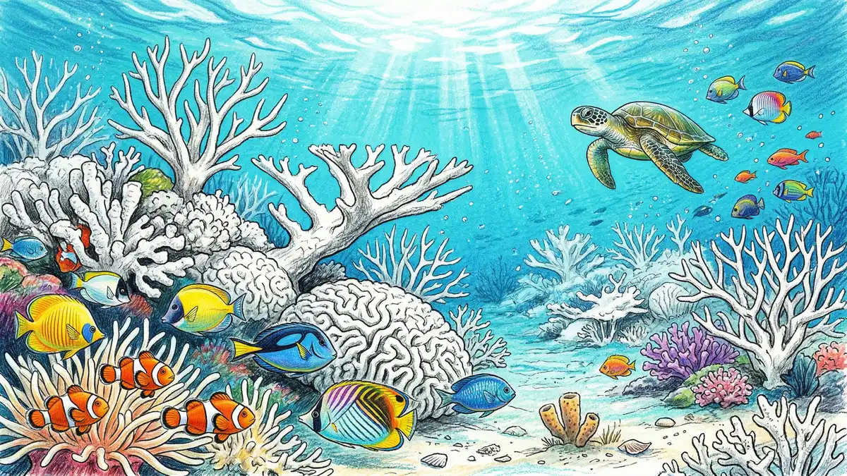 Underwater view of bleached coral reef with few remaining colourful corals and fishes