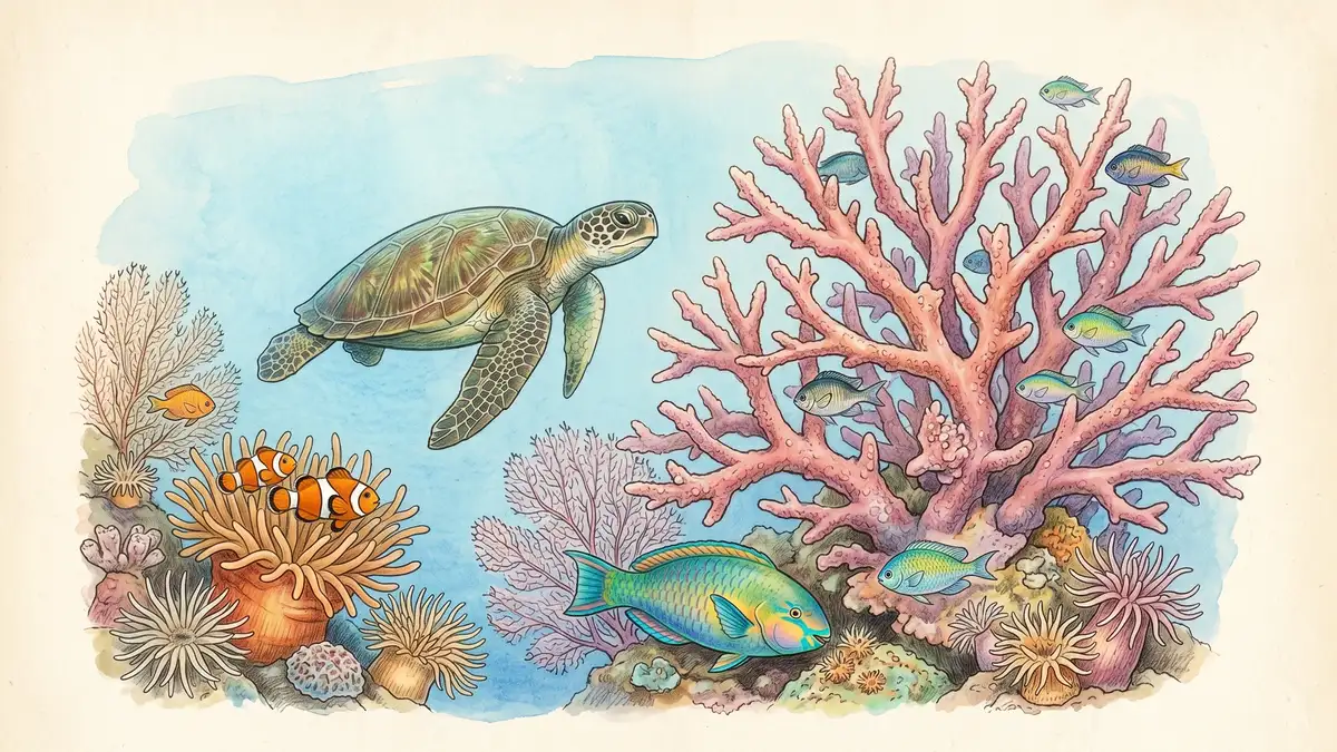 Victorian watercolour illustration of coral reef life with branching staghorn coral, a green sea turtle, tropical fish, sea fans and anemones in the style of a 19th century natural history plate