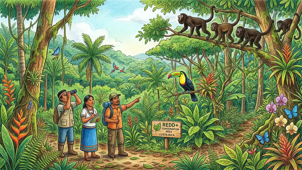 Tropical rainforest in Costa Rica showing a successful REDD+ conservation area with wildlife