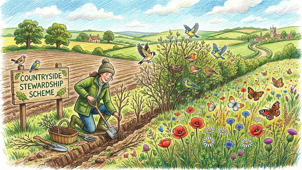 UK farmer planting a hedgerow with wildflower margins and birds visiting