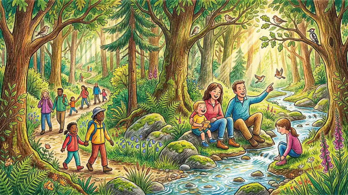 Family walking through an ancient forest with sunlight filtering through the canopy