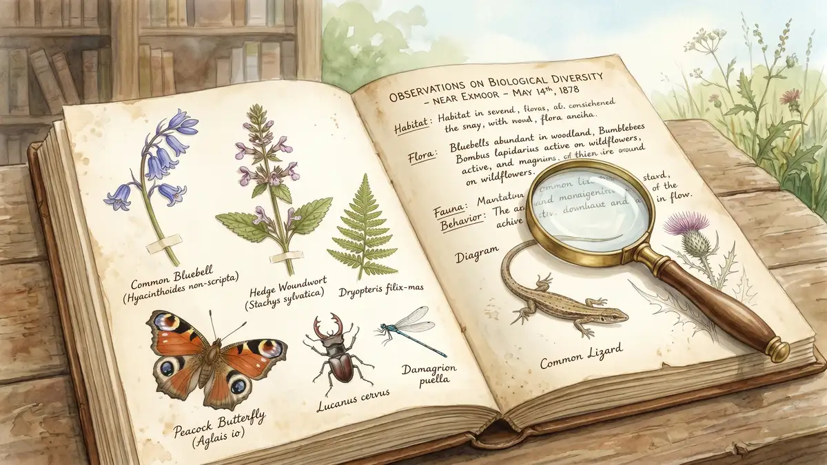 Victorian watercolour illustration of a naturalist field journal with pressed botanical specimens and insect sketches representing the origins of biodiversity science