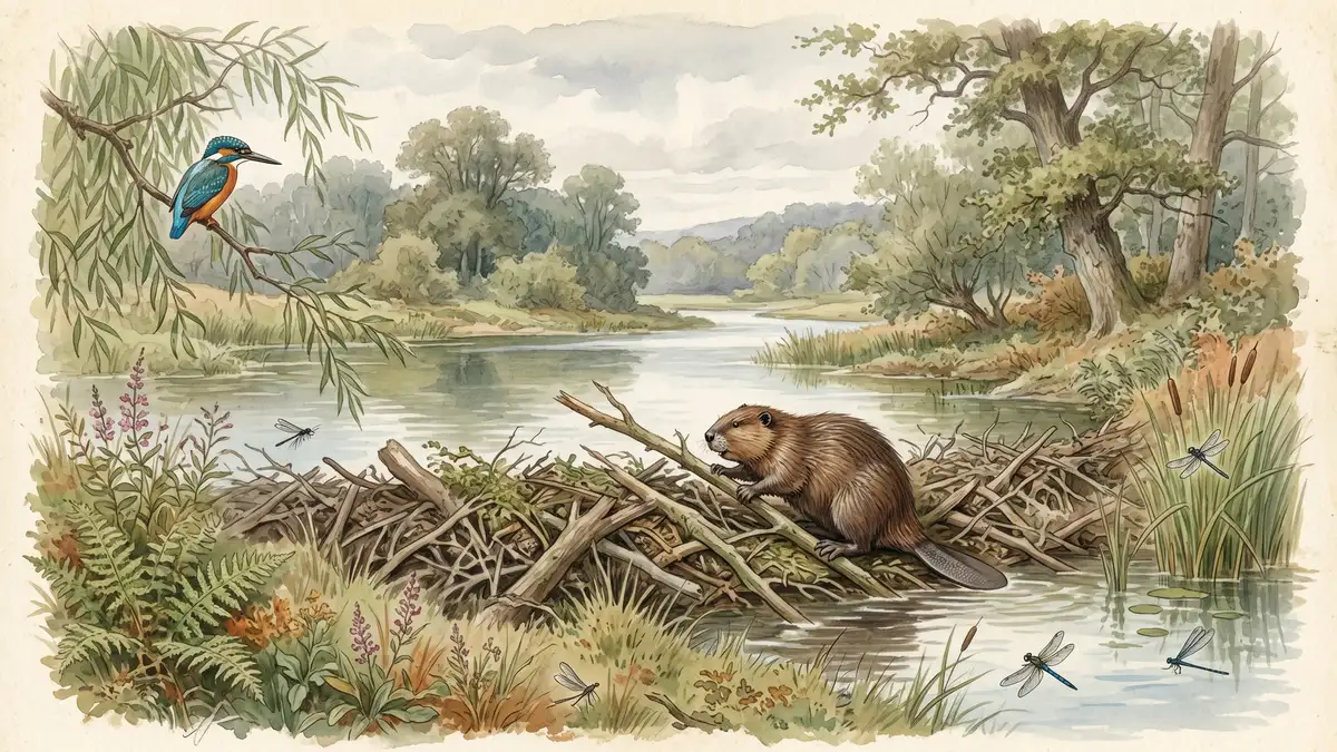 Watercolour illustration of a beaver building a dam in a British river with a kingfisher and dragonflies showing keystone species ecosystem effects