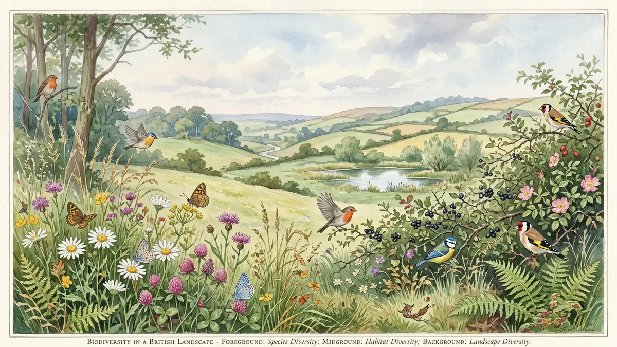 Watercolour painting of a British woodland edge showing wildflowers, birds and butterflies illustrating genetic, species and ecosystem diversity