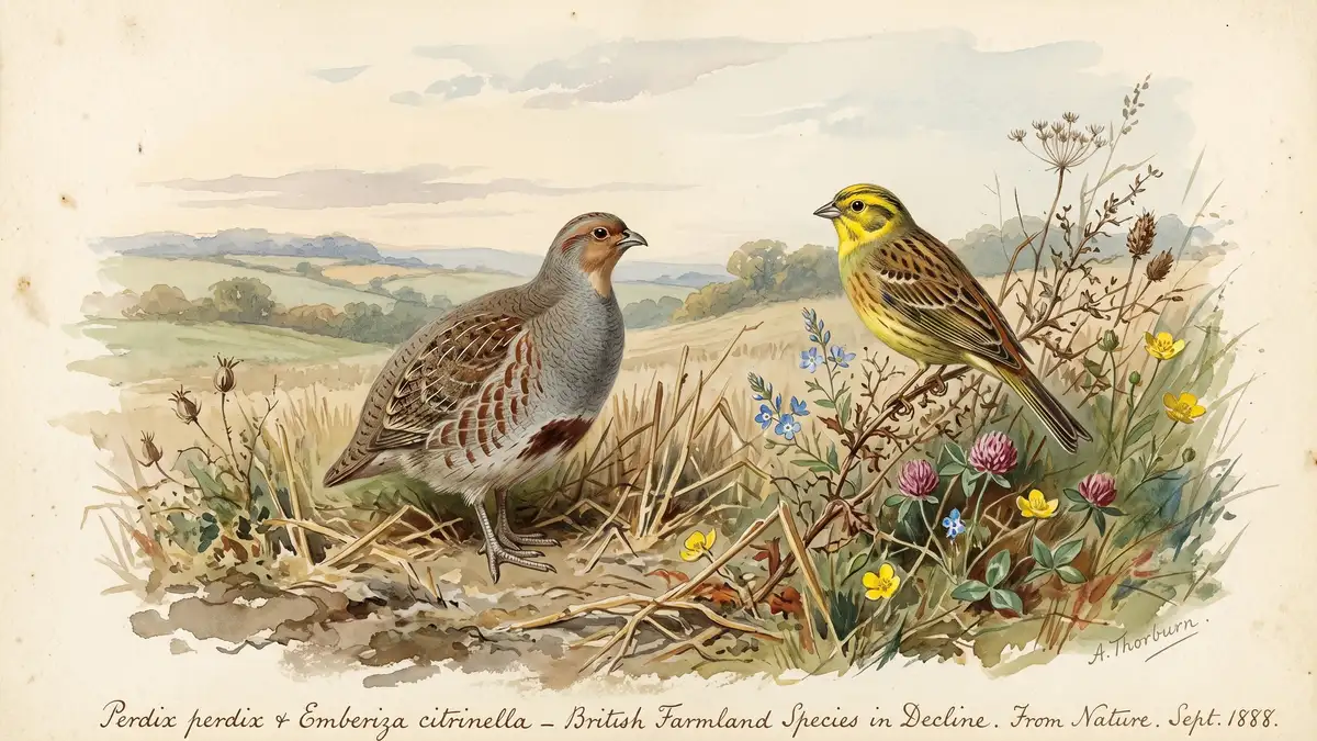 Victorian watercolour of a grey partridge and yellowhammer on farmland stubble representing declining UK bird species and biodiversity loss
