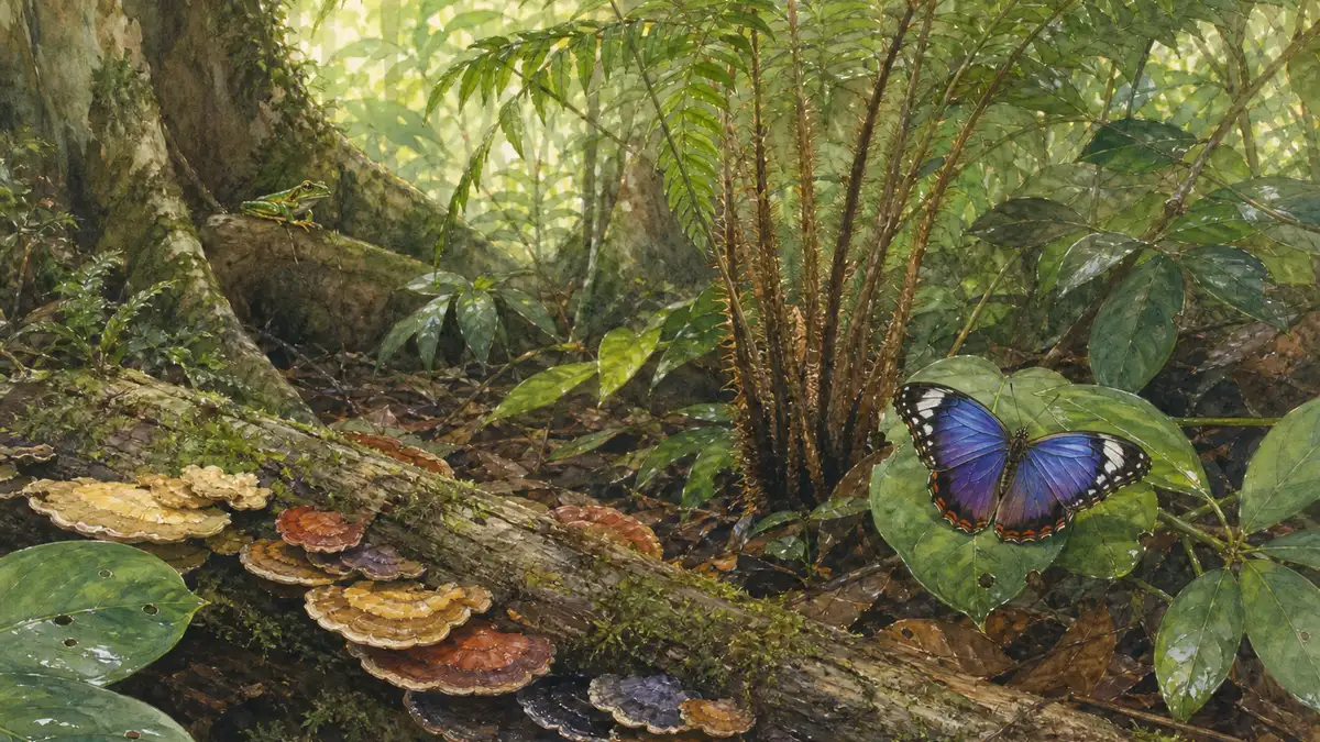 Watercolour close-up study in Archibald Thorburn style of a tropical rainforest floor showing bracket fungi on a fallen log, tree fern fronds, mosses, and an iridescent forest butterfly — illustrating the dense ground-level biodiversity that deforestation destroys.