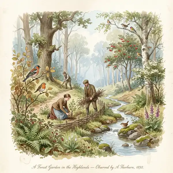 Victorian watercolour painting of a diverse forest garden tended by a community, with native trees, birds, and a stream showing human stewardship in harmony with nature