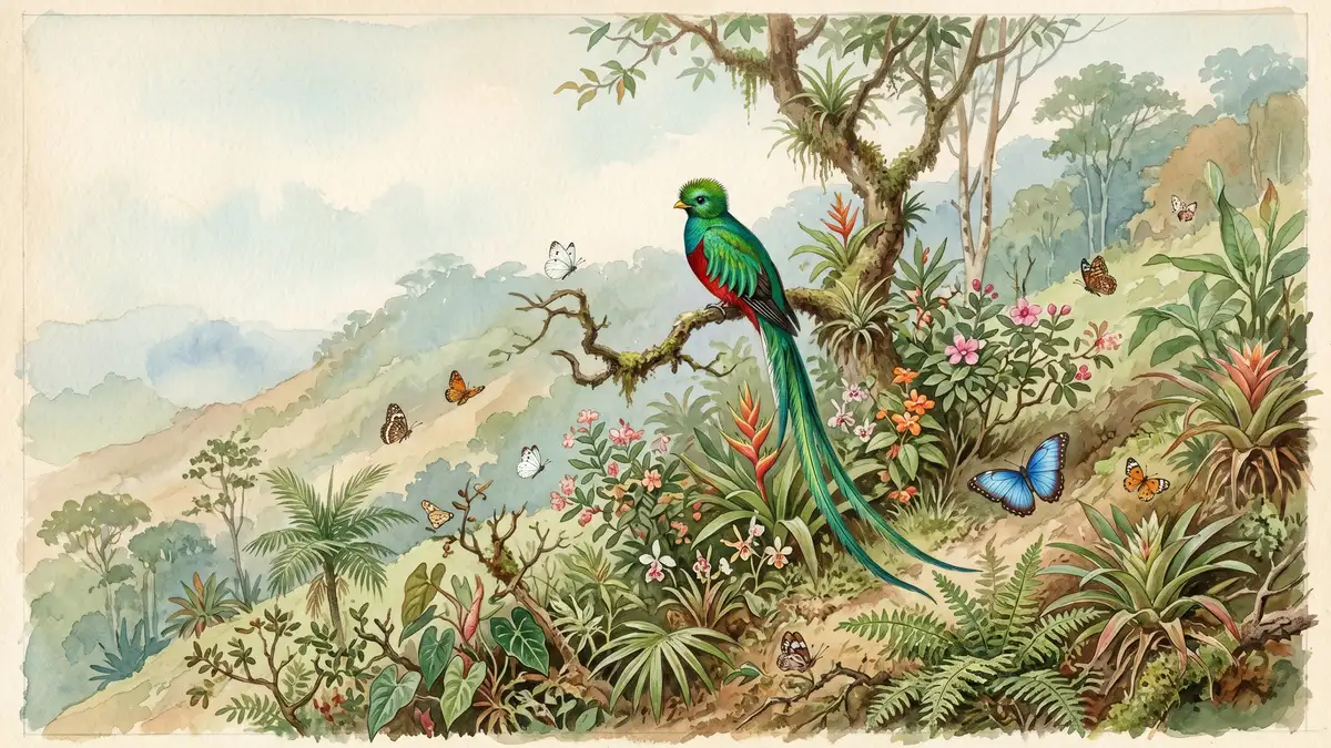 Victorian watercolour illustration of a Costa Rican cloud forest regenerating on a hillside, with a quetzal bird and butterflies representing successful forest recovery