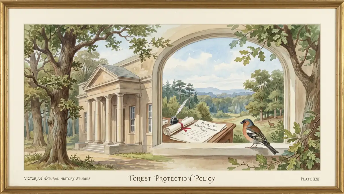 Victorian watercolour illustration of a government building surrounded by oak trees, symbolising environmental legislation and forest protection policy
