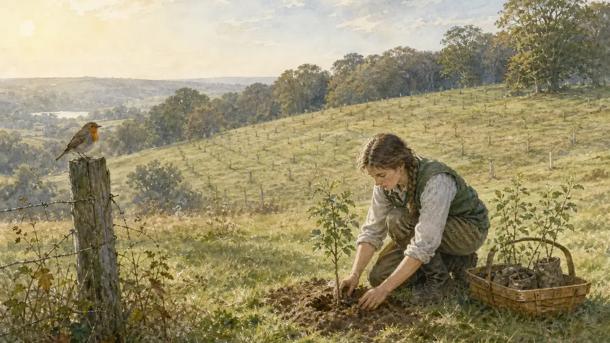 Watercolour study in Archibald Thorburn style of a young volunteer planting a native tree sapling on a rolling green hillside with neat rows of recently planted young trees and mature woodland beyond — illustrating reforestation as one practical response to forest loss.