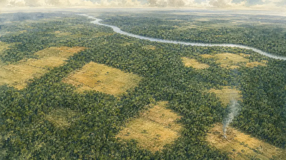 Watercolour bird's-eye study in Archibald Thorburn style showing patches of intact tropical rainforest broken by geometric cleared rectangles, a winding river, and a thin plume of smoke — illustrating the spatial pattern of contemporary forest loss.