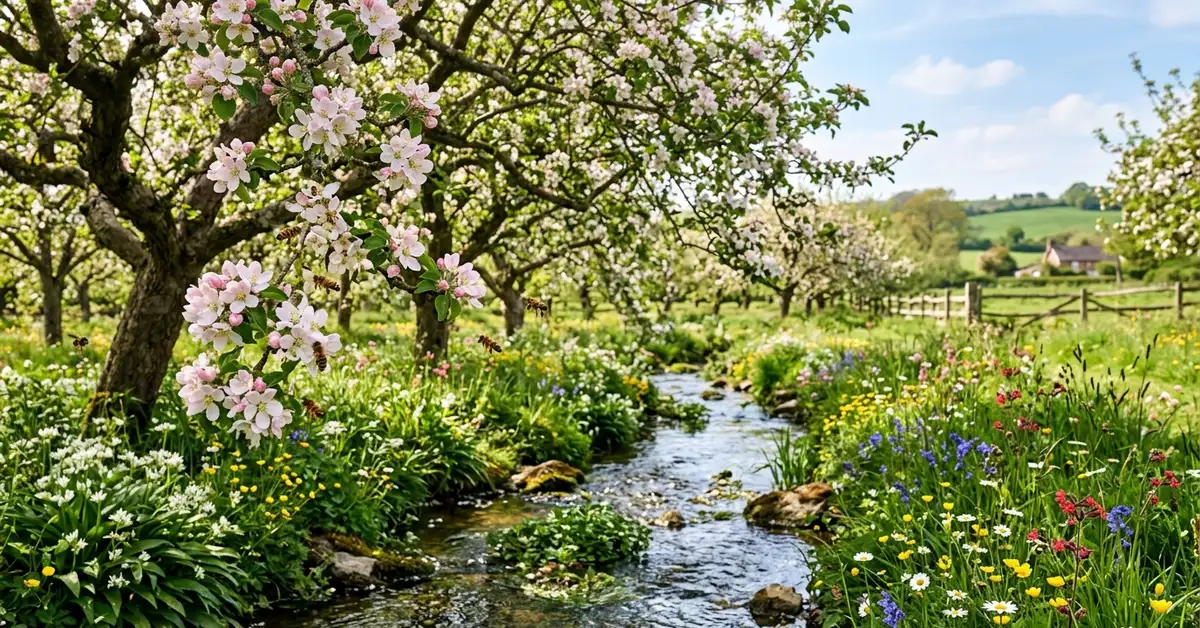 Honeybees pollinating apple blossom in a traditional British orchard demonstrating ecosystem services