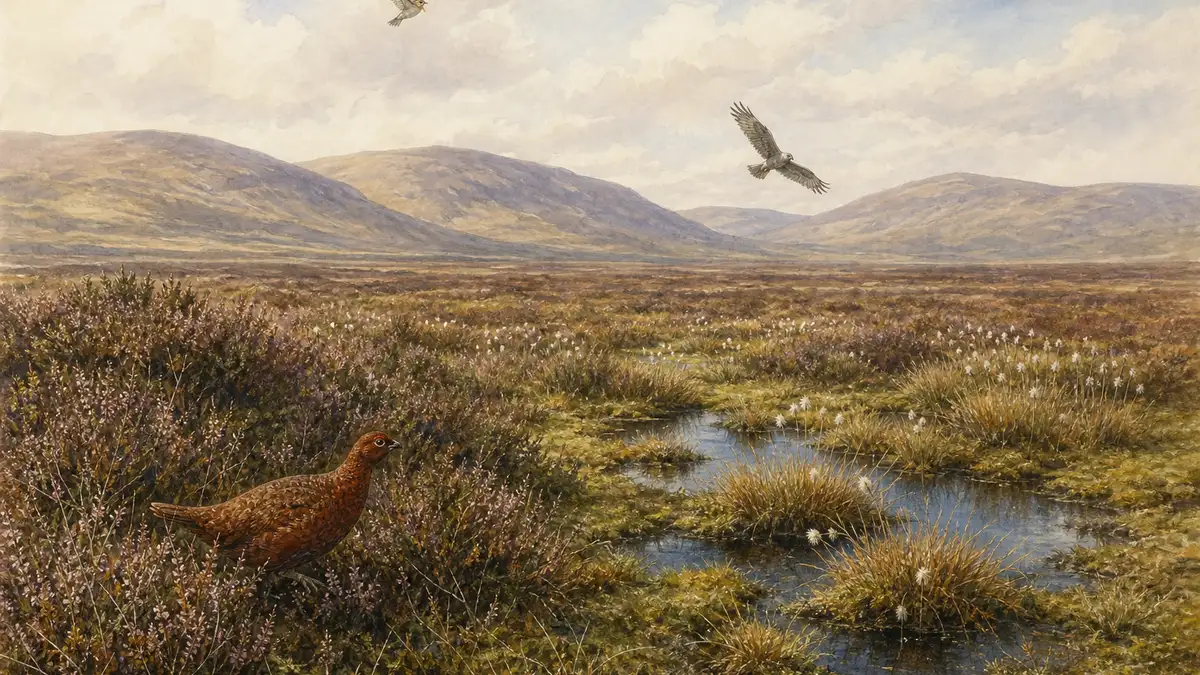 Watercolour study in Archibald Thorburn style of a UK upland blanket bog ecosystem in autumn — sphagnum-moss-rich peatland with cotton-grass, heather, a red grouse, a skylark and a hen harrier — illustrating one of the UK's largest carbon-storing ecosystems and a major target for restoration.