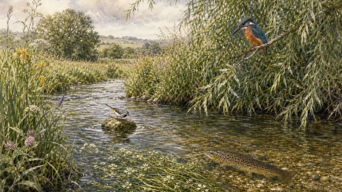 Watercolour study in Archibald Thorburn style of a UK chalk stream ecosystem in summer with clear shallow water, water-crowfoot, a brown trout holding station above the gravel, and a kingfisher on an overhanging willow — illustrating one of the UK's globally rare freshwater ecosystem types.