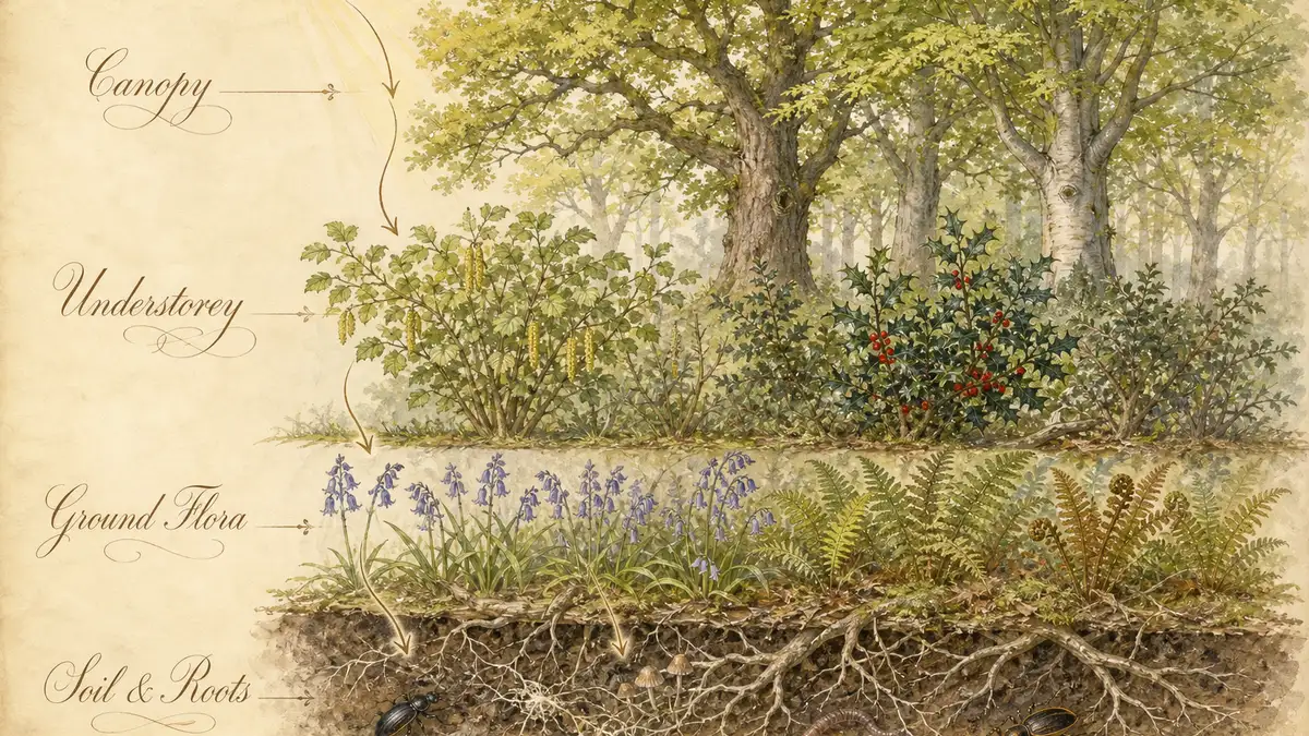 Watercolour cutaway diagram in Archibald Thorburn style of a UK temperate woodland ecosystem showing four labelled vertical layers — canopy, understorey, ground flora, and soil and roots — with energy-flow arrows tracing sunlight through the system.