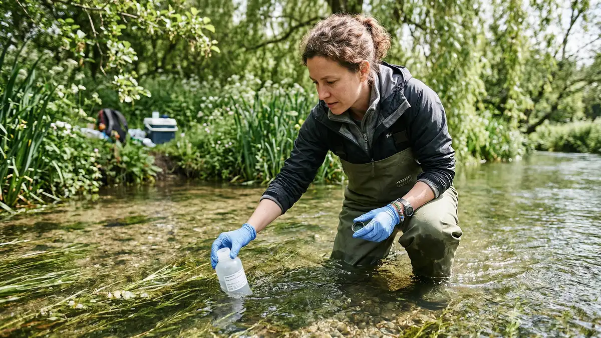 Environmental DNA sampling in a British river showing a scientist collecting water for biodiversity monitoring