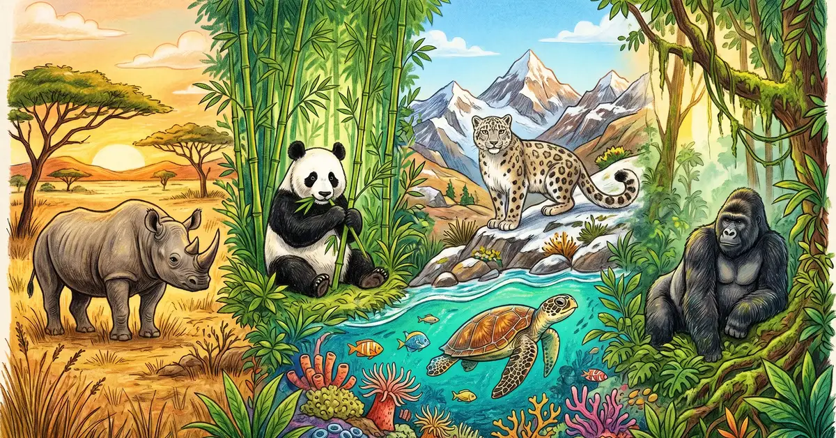 Pencil-crayon illustration showing endangered species from around the world — a black rhino, giant panda, snow leopard, hawksbill sea turtle, and mountain gorilla gathered across blended habitat zones from African savanna to Himalayan mountains.