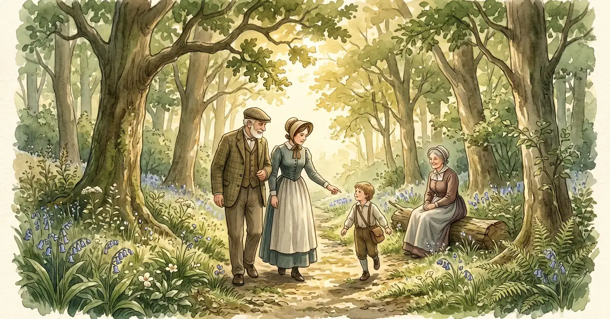 Victorian watercolour illustration of people walking through a peaceful woodland trail dappled with sunlight and wildflowers in an English deciduous forest