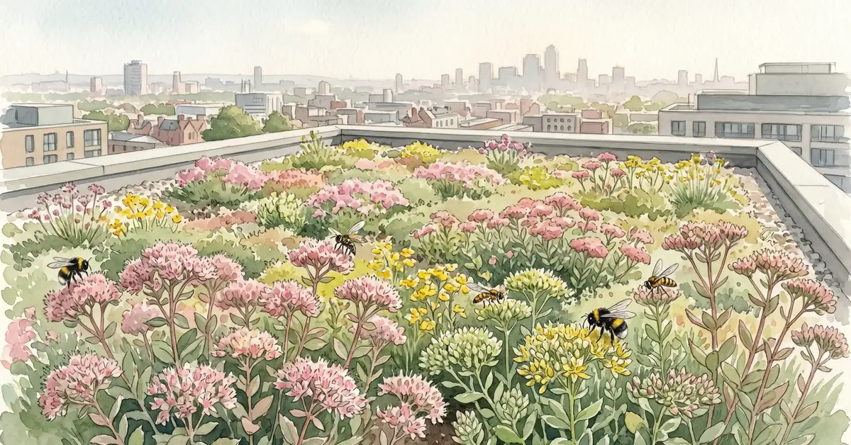 Victorian watercolour illustration of a sedum green roof on a UK city building with bumblebees visiting flowering stonecrop plants