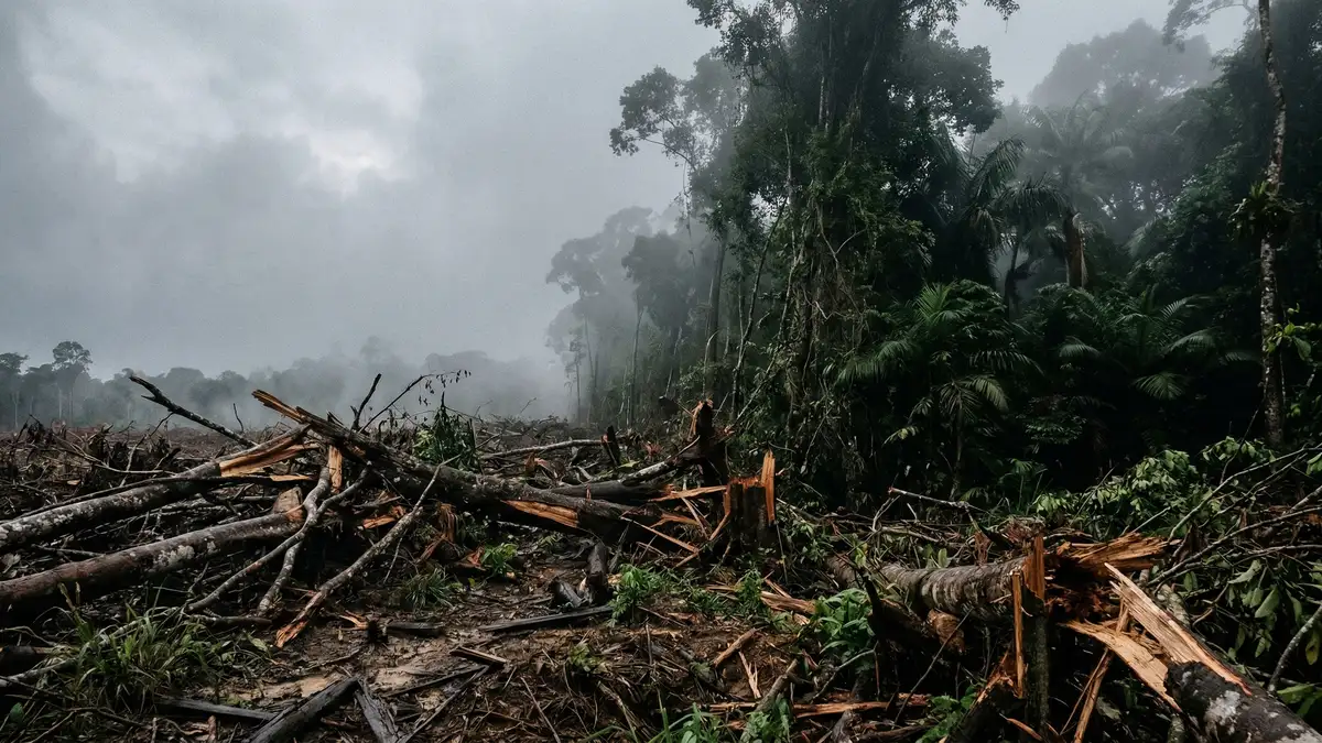 Deforested tropical rainforest edge showing the stark boundary between intact forest and cleared land, a primary driver of global biodiversity loss
