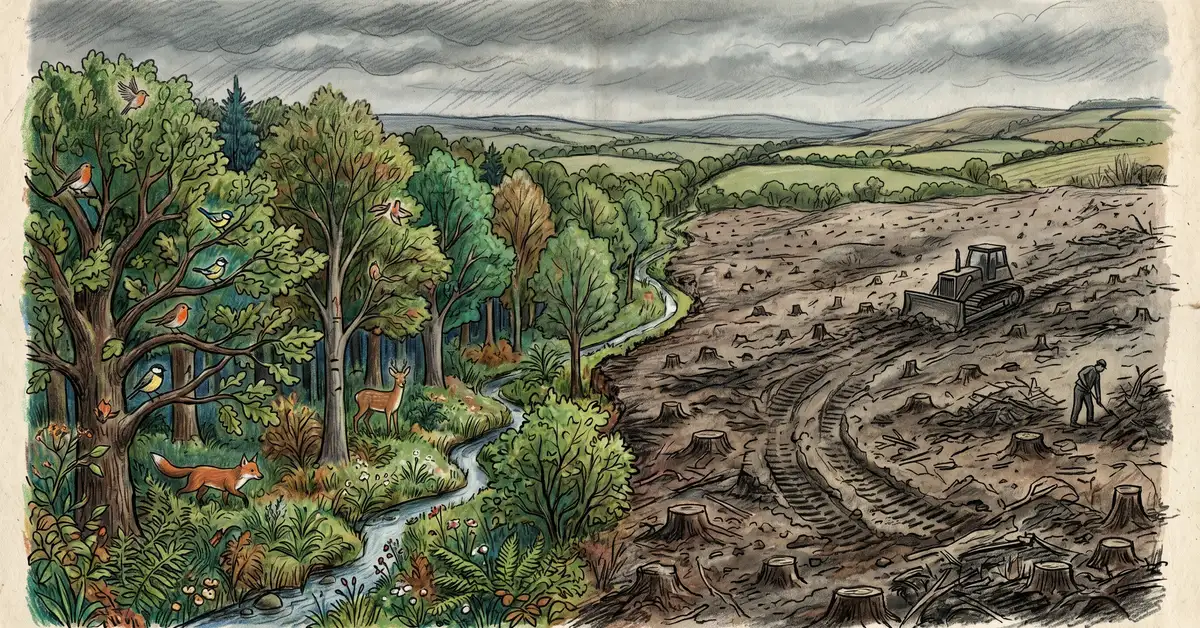 Pencil-crayon illustration showing a divided landscape: lush temperate woodland with wildlife on the left and cleared, barren land with tree stumps on the right, depicting the stark contrast of habitat destruction