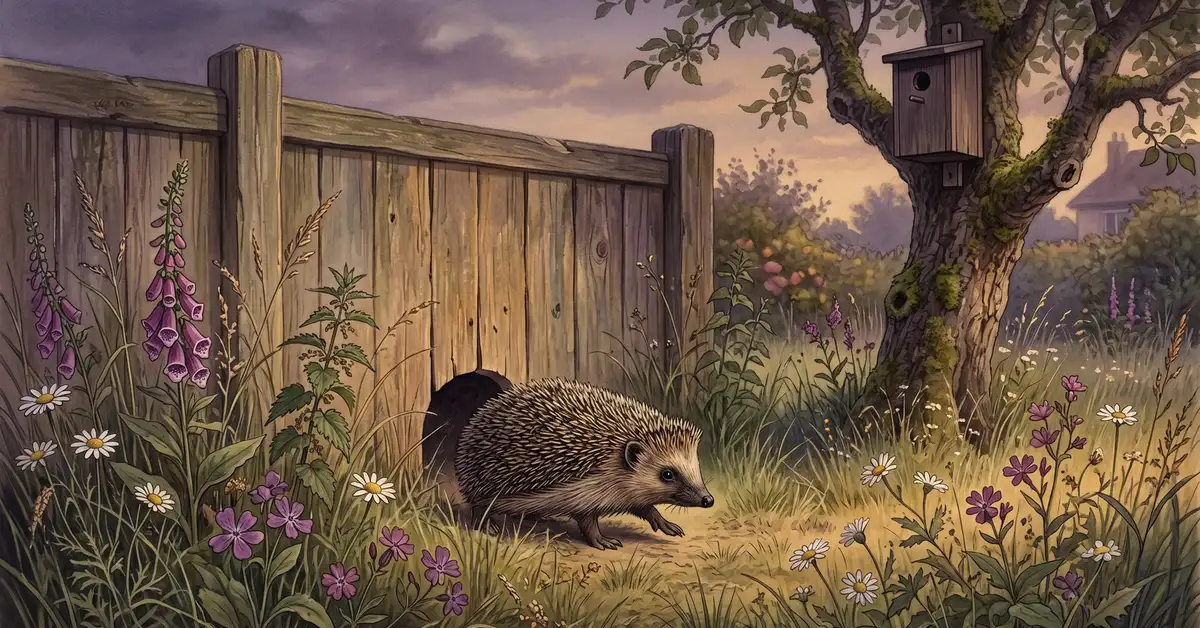 Victorian watercolour illustration of a hedgehog passing through a hedgehog highway gap in a garden fence at dusk with wildflowers