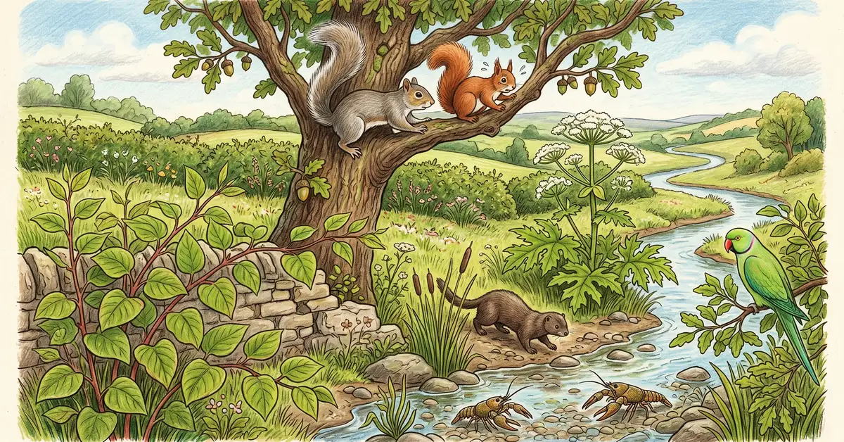 Pencil-crayon illustration of UK invasive species including a grey squirrel displacing a red squirrel from an oak tree, Japanese knotweed growing through a garden wall, American mink near a river, signal crayfish in a stream, and a ring-necked parakeet, set against rolling British countryside hills and hedgerows.