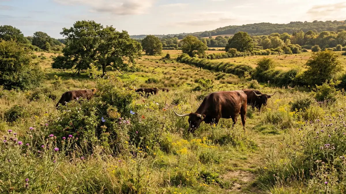 The Knepp Estate rewilded landscape in Sussex, England, with free-roaming cattle among scrubby grassland, scattered oaks and wildflowers