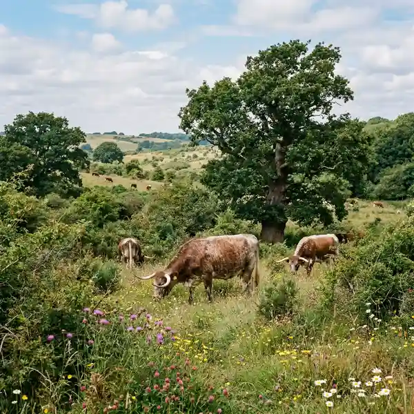Rewilded landscape showing natural vegetation recovery, bird abundance, and insect biodiversity increase in managed rewilding project.