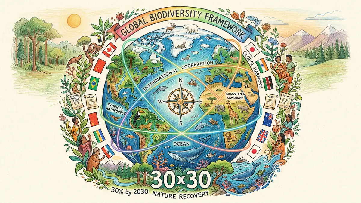 Stylised globe showing different biomes connected by lines representing international cooperation under the Kunming-Montreal Global Biodiversity Framework