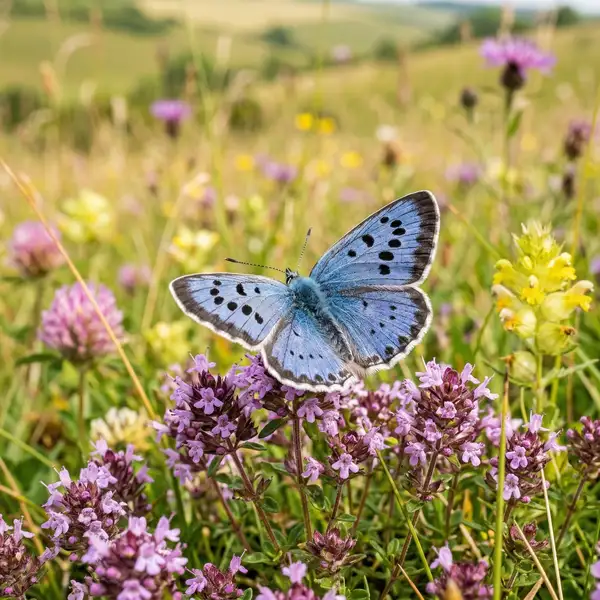 Large blue butterfly (Phengaris arion) on wild thyme flowers in a UK chalk grassland, a successful conservation recovery story