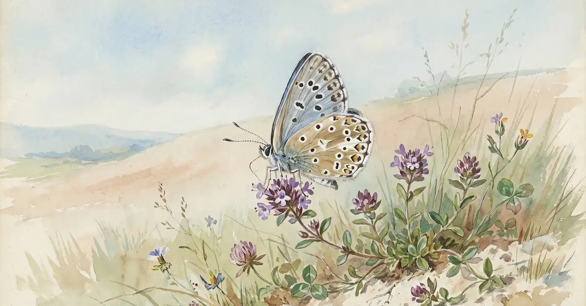 Victorian watercolour of a Large Blue butterfly Phengaris arion resting on wild thyme on English chalk grassland