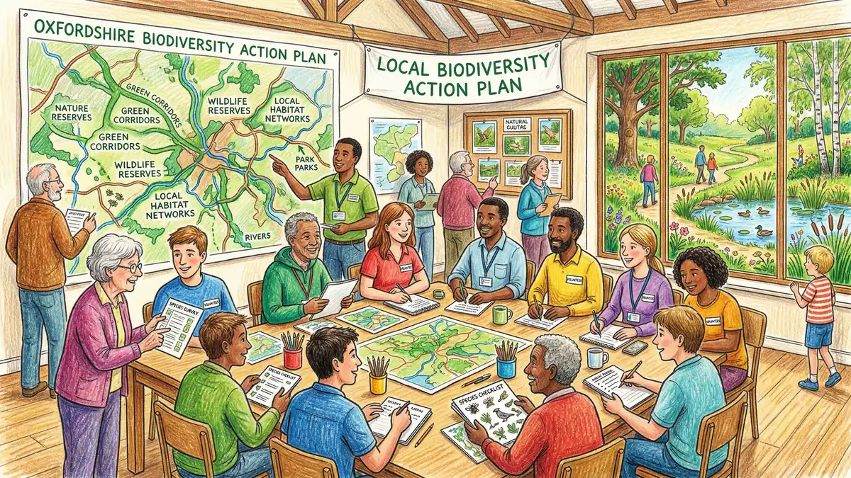 Community meeting room with volunteers and council workers planning local nature recovery around a habitat map