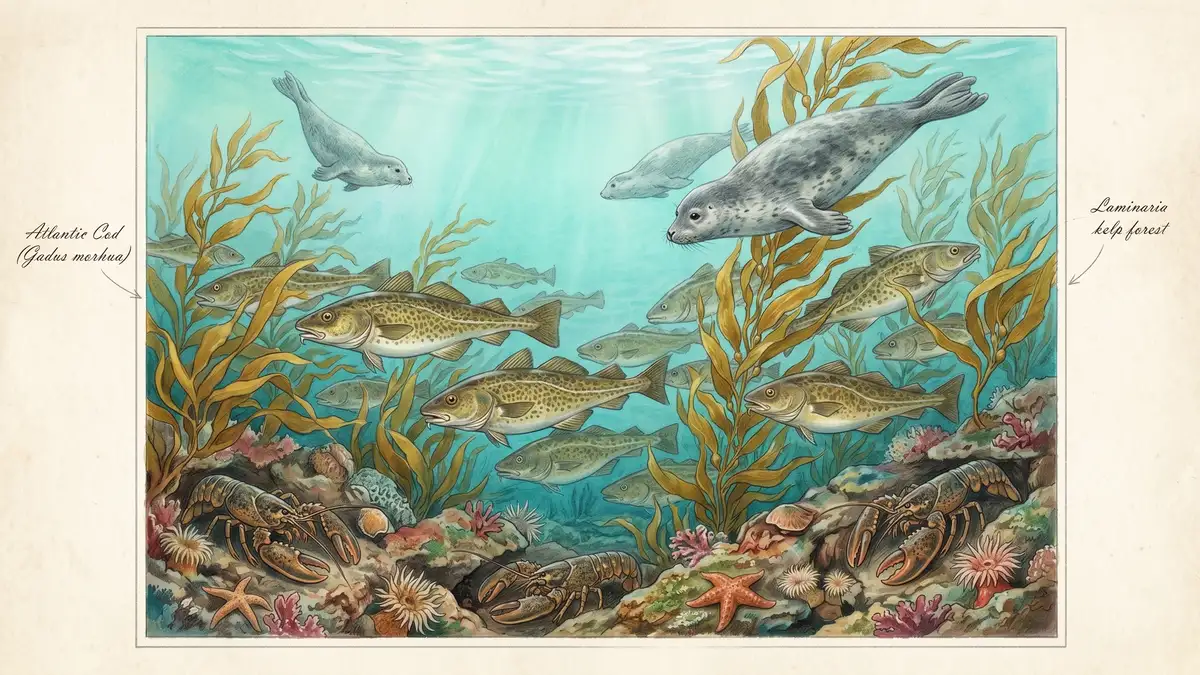 Victorian watercolour illustration of a thriving marine protected area with Atlantic cod swimming among kelp fronds, lobsters on rocky substrate and grey seals gliding through clear water