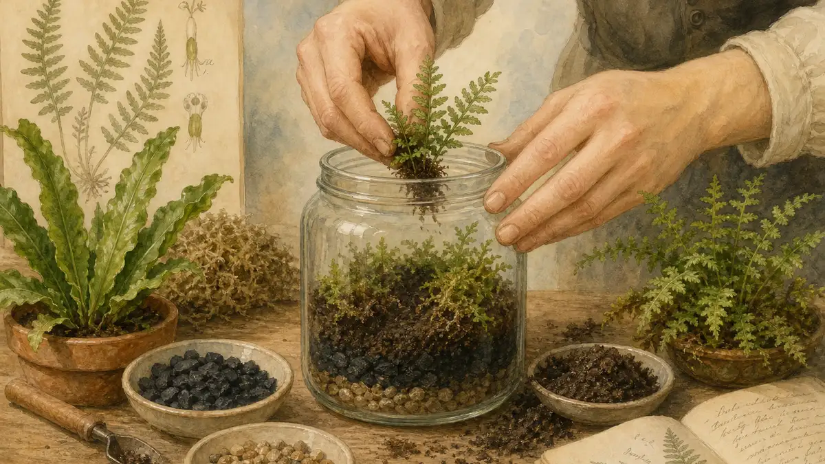 Watercolour illustration of hands placing a fern into a glass terrarium jar surrounded by building materials