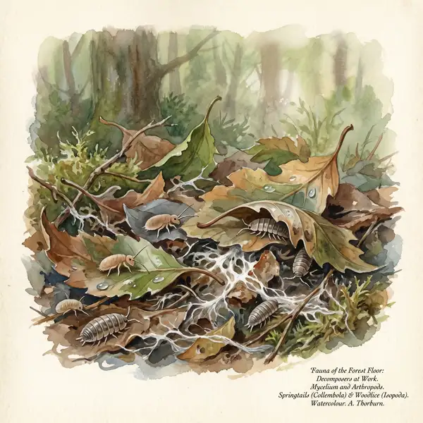 Victorian watercolour of springtails and woodlice among leaf litter with visible mycelium threads