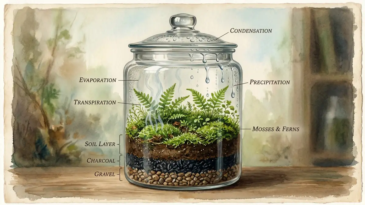 Watercolour illustration showing the water cycle inside a sealed glass terrarium with condensation, mosses and layered soil
