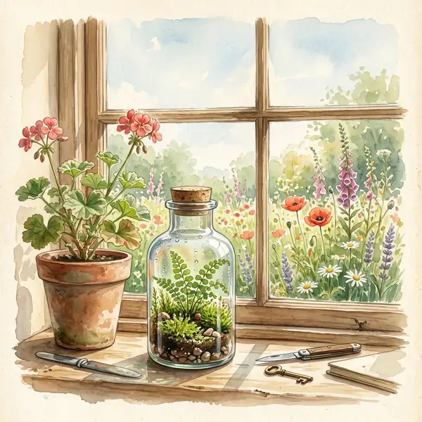 Watercolour of a sealed bottle garden on a sunny windowsill with wildflowers visible through the window