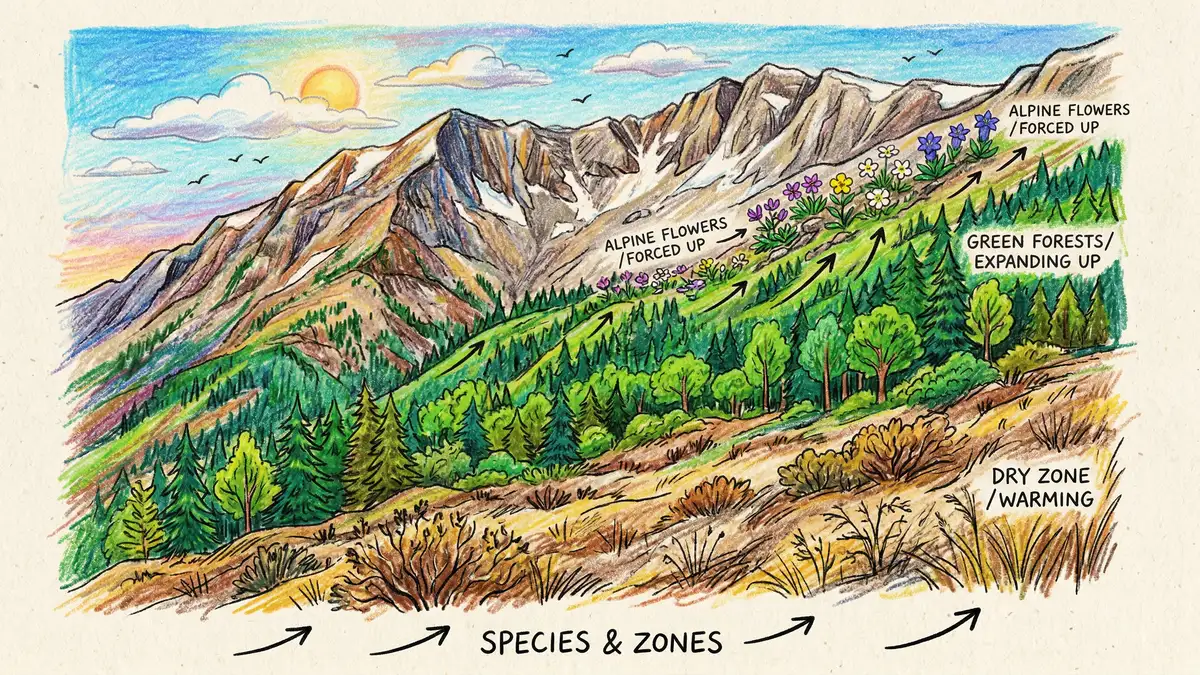 Mountain landscape showing alpine vegetation zones with snow-capped peaks