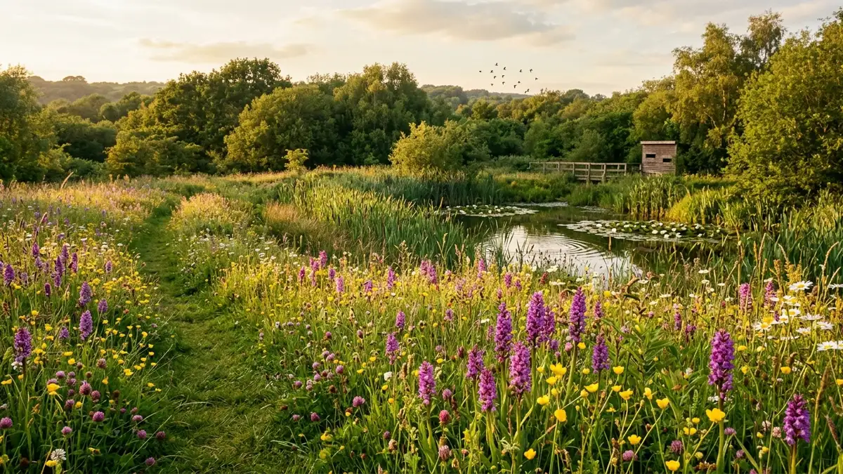 Protected nature reserve landscape showing rewilding and habitat restoration for biodiversity conservation