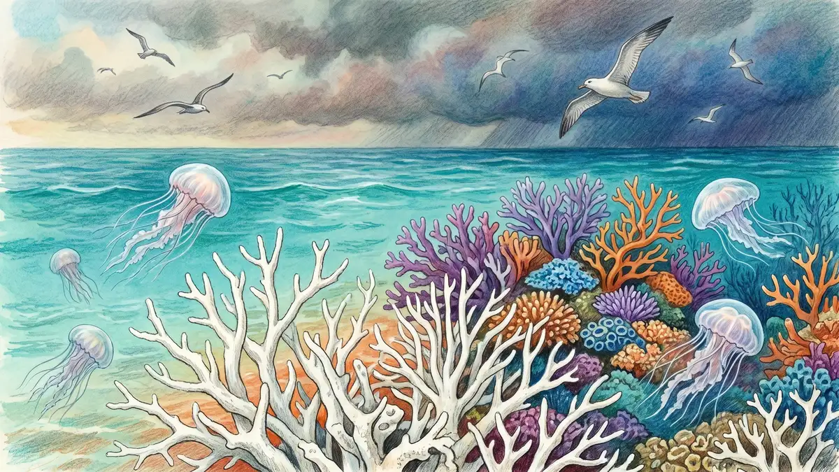 Victorian watercolour illustration showing the effects of ocean warming — bleached white coral contrasting with vibrant healthy reef, jellyfish in turquoise water and seabirds above stormy skies