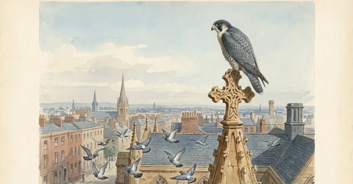 Victorian watercolour illustration of a peregrine falcon perched on a Gothic church spire in a British city with slate rooftops beyond