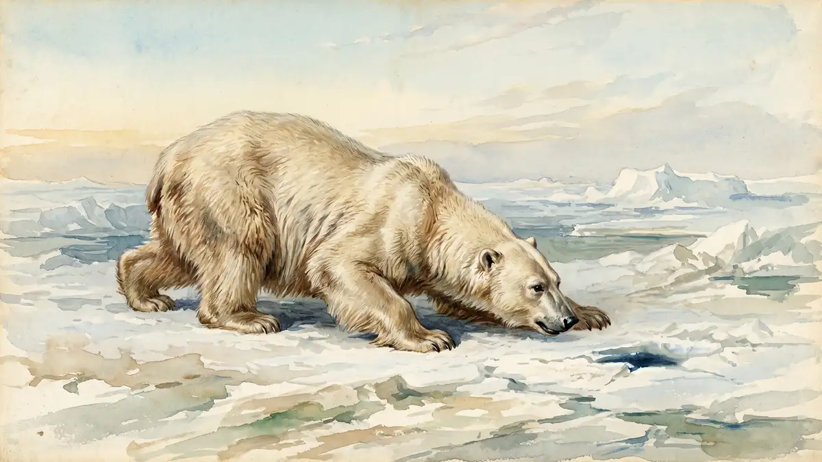 Victorian watercolour illustration of a polar bear crouching low on sea ice, stalking prey near a breathing hole