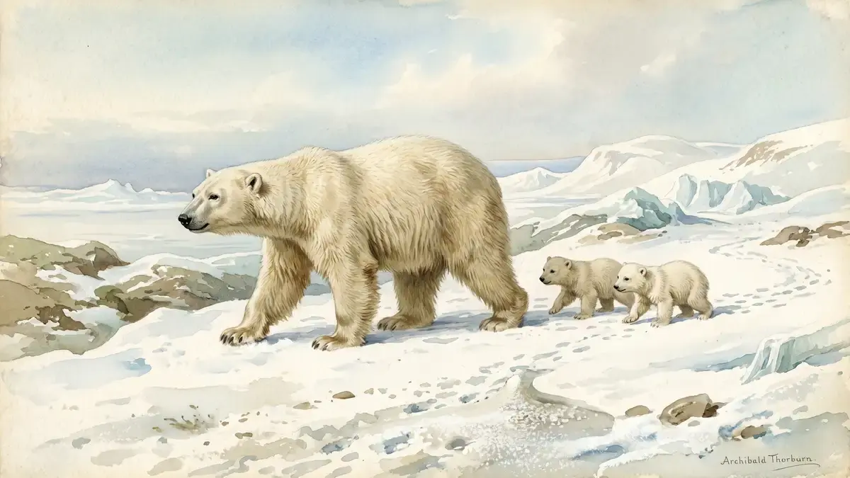 Victorian watercolour of a polar bear mother walking across Arctic snow with two small cubs following close behind