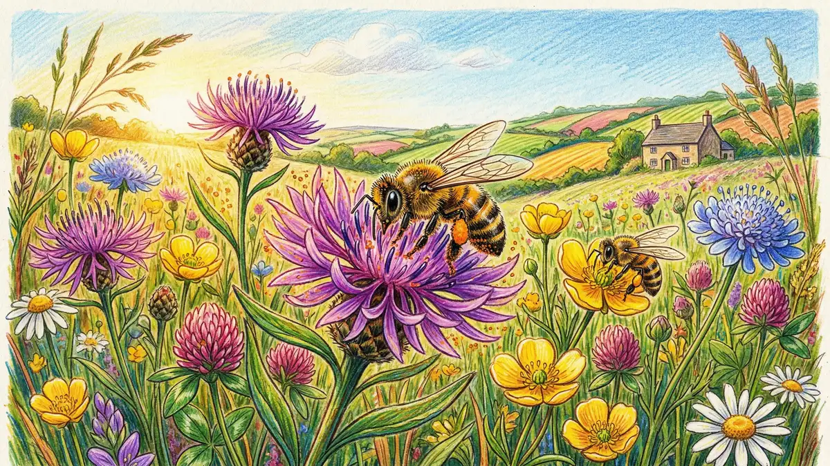 Honeybees pollinating wildflowers in a UK meadow with farmland in the background