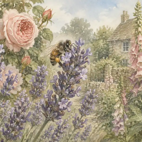 Watercolour of a honeybee feeding on lavender in an English cottage garden, with roses and foxgloves behind