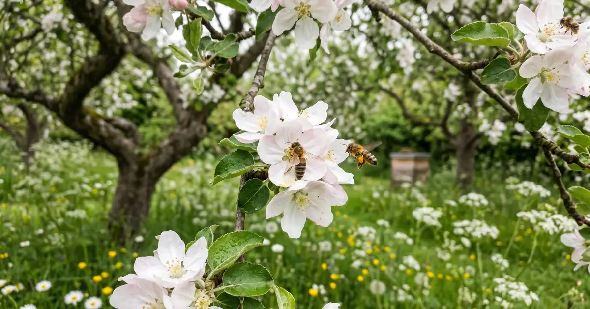 Victorian watercolour illustration of honeybees and wild pollinators visiting apple blossoms and wildflowers in an English orchard with soft morning light