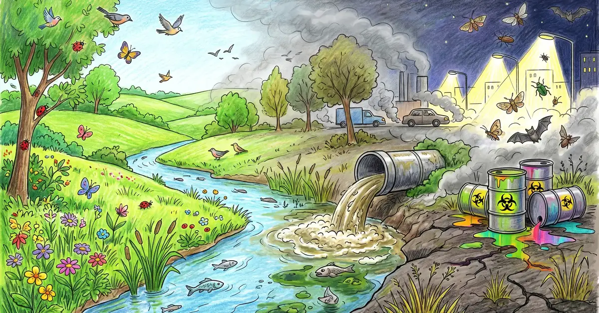 Pencil-crayon illustration showing a cross-section of a British landscape: clean meadow with wildflowers and bees on one side transitioning to a polluted scene with factory emissions, contaminated water and wilting vegetation on the other